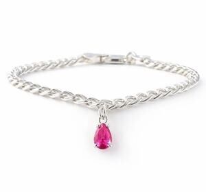 925 Sterling Silver Pink Sapphire Bracelet Italy Pear Charm Dangle Link Bracelet